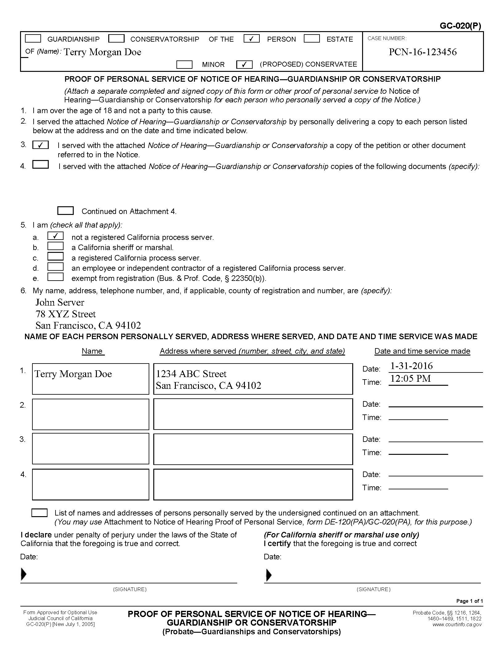 GC-020(P) Proof of Personal Service of Hearing Guardianship or Conservatorship